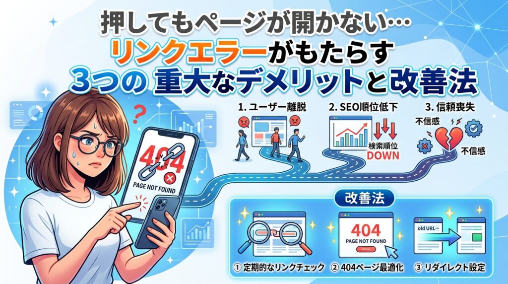 押してもページが開かない… リンクエラーがもたらす3つの重大なデメリット（ユーザー離脱・SEO順位低下・信頼喪失）と改善法（定期的なリンクチェック・404ページ最適化・リダイレクト設定）